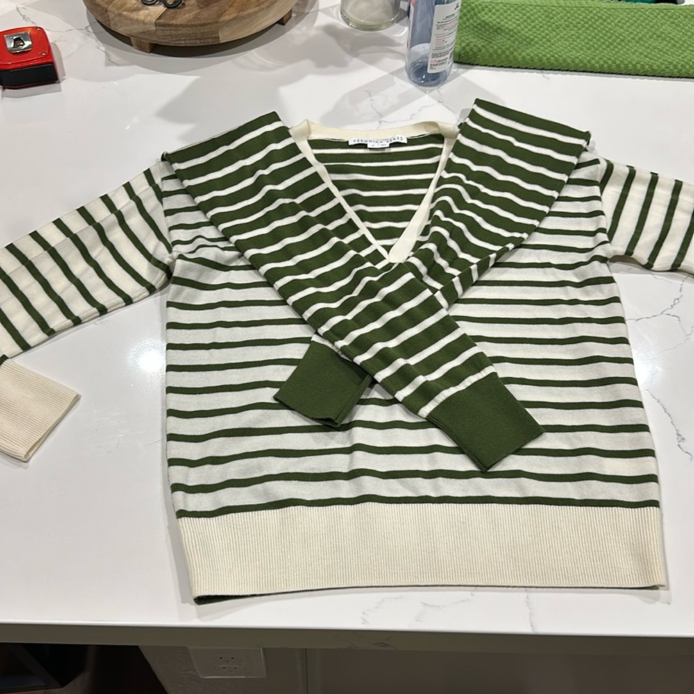 Veronica Beard Army Green Leni Stripe Tie Neck Merino Wool Sweater Size M